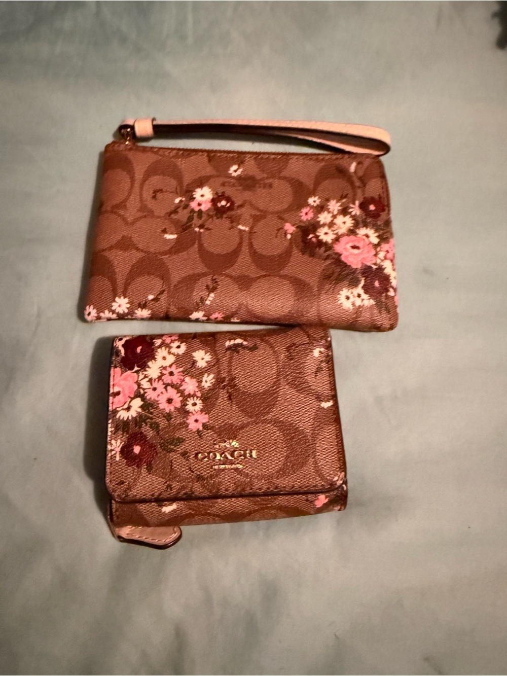 Coach Brown Signature Floral Wristlet and Wallet Set with Pink Accents